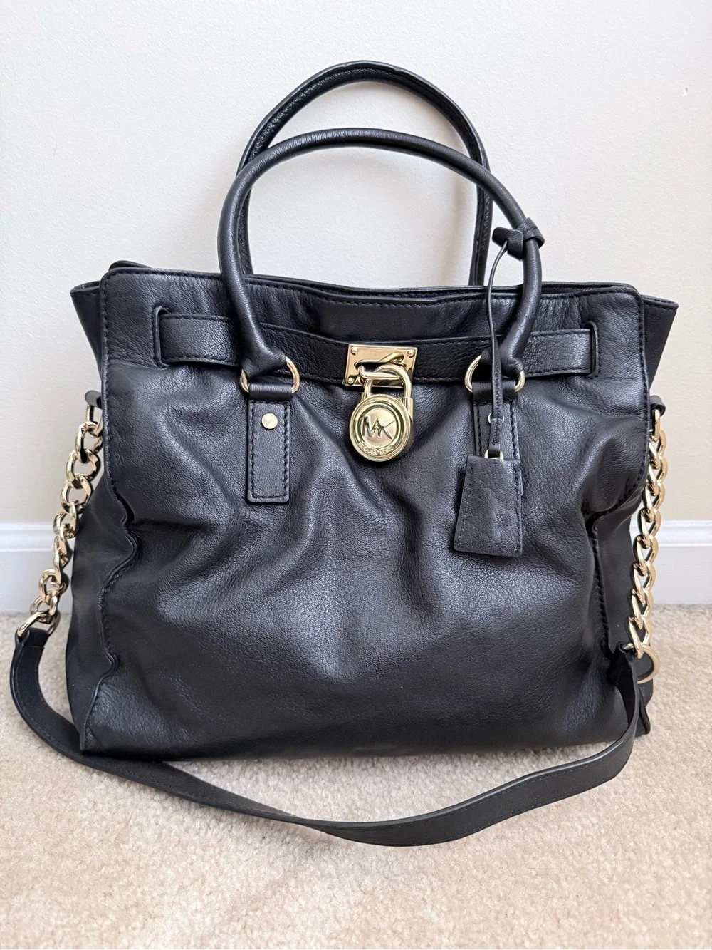 Michael Kors Black Leather Satchel with Gold-Tone Chain Strap -Hamilton